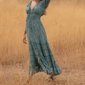 Anthropologie Boemo Peasant Boho Maxi Dress balloon sleeve Teal gold Paisley